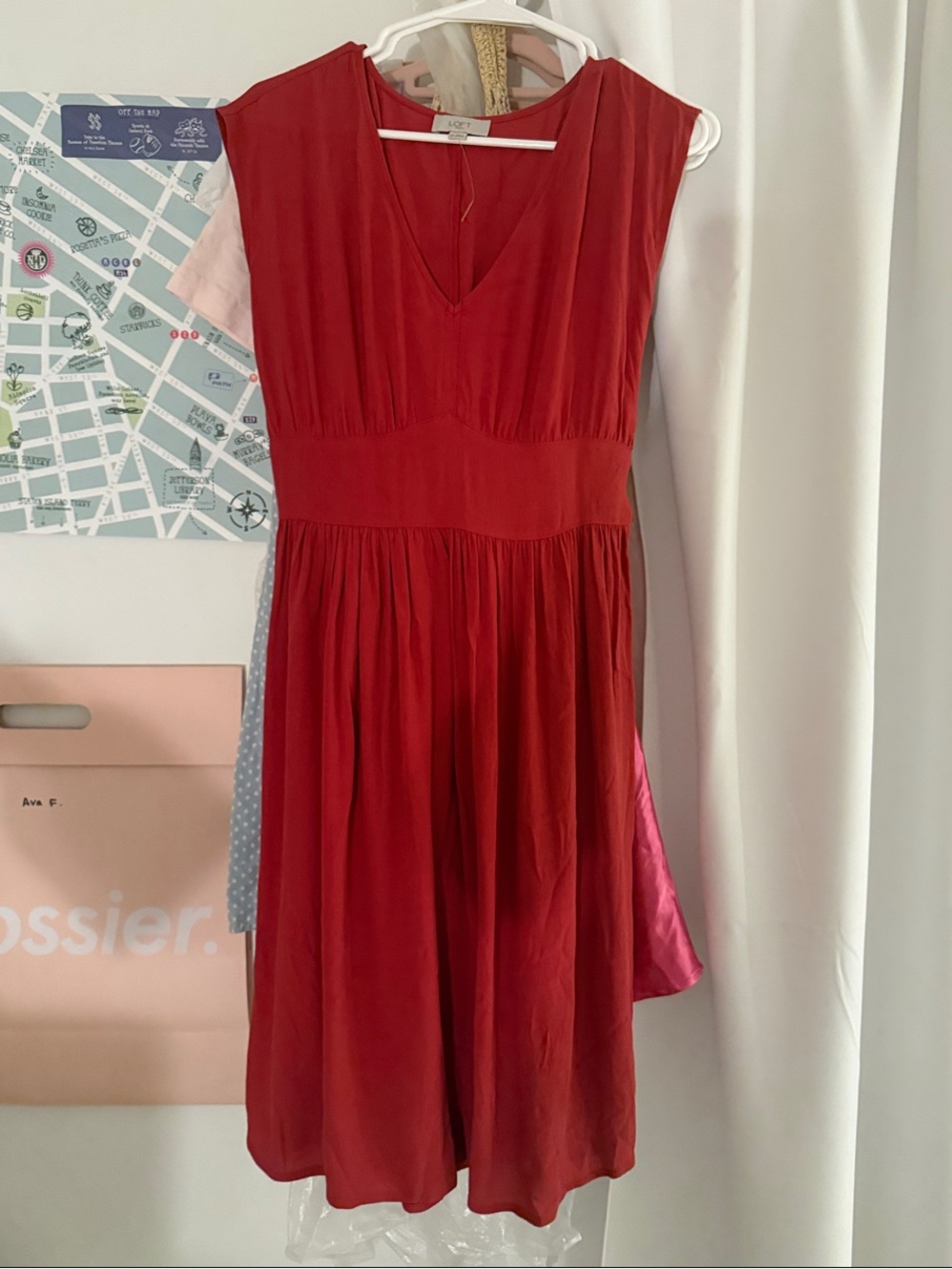 LOFT Red V-Neck Midi Fit-and-Flare Dress